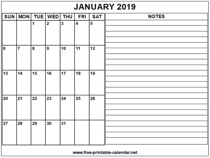Printable 2019 January Calendar With Space For Writing