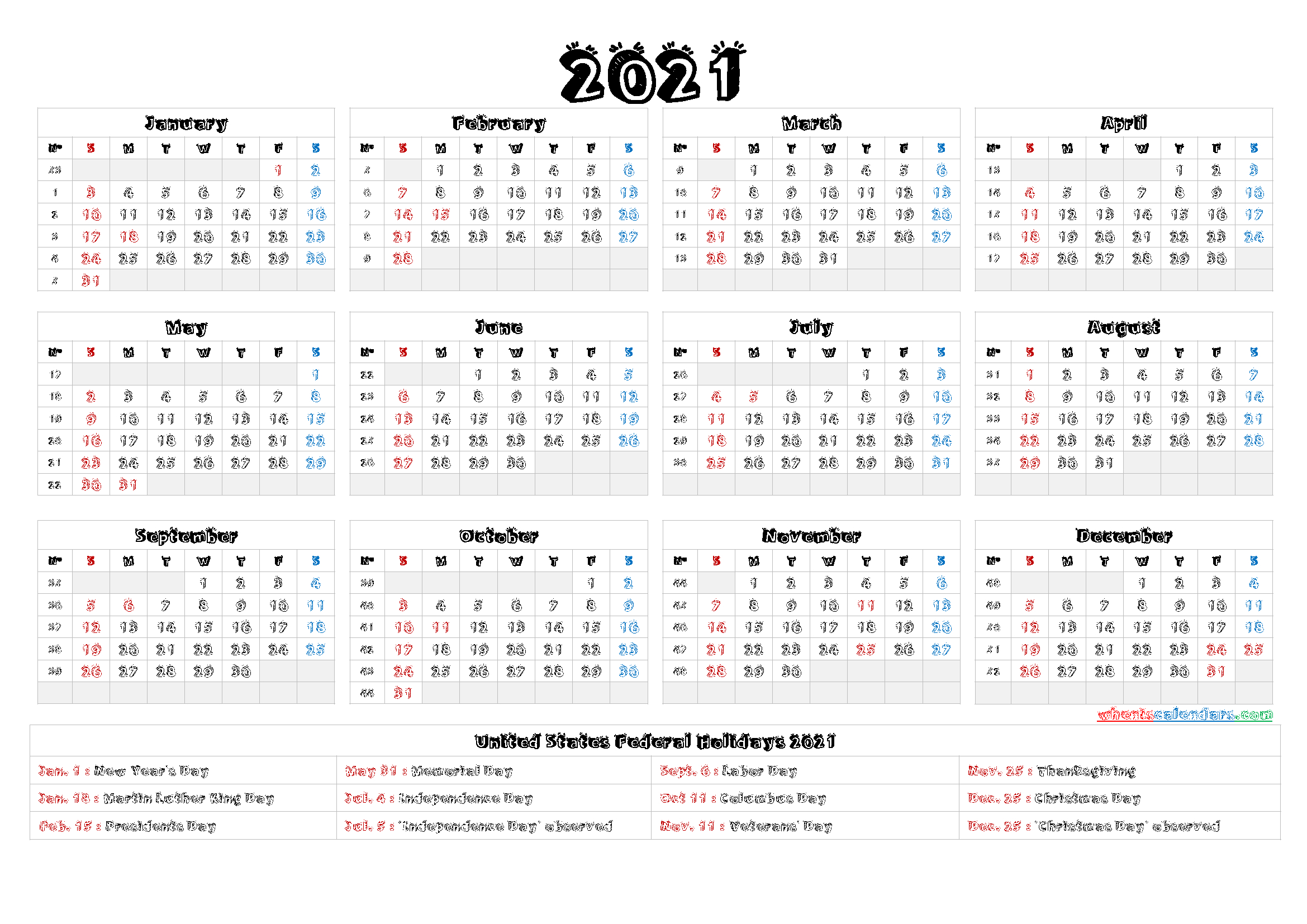 printable 2021 calendar one page