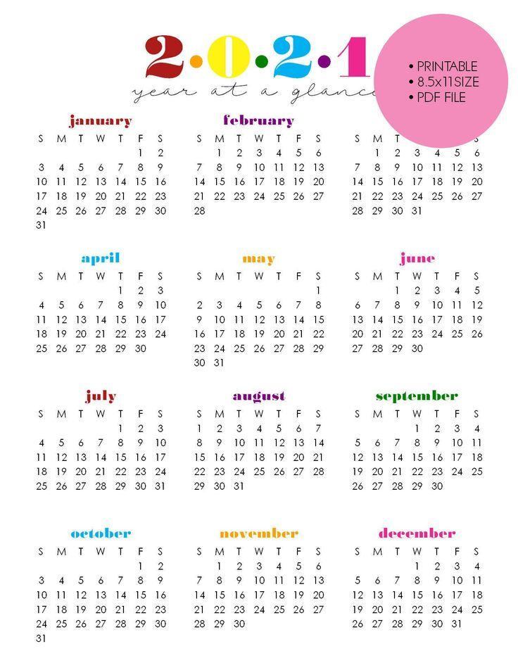printable 2021 year at a glance, 8 5&quot;x11&quot; wall calendar