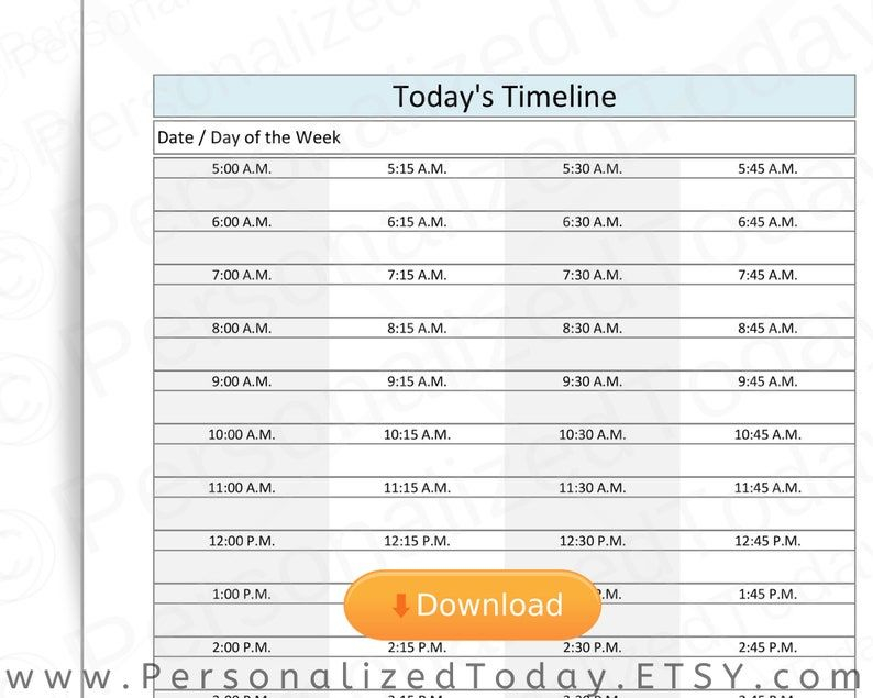 printable 5 a m start daily timeline 15 minute increments