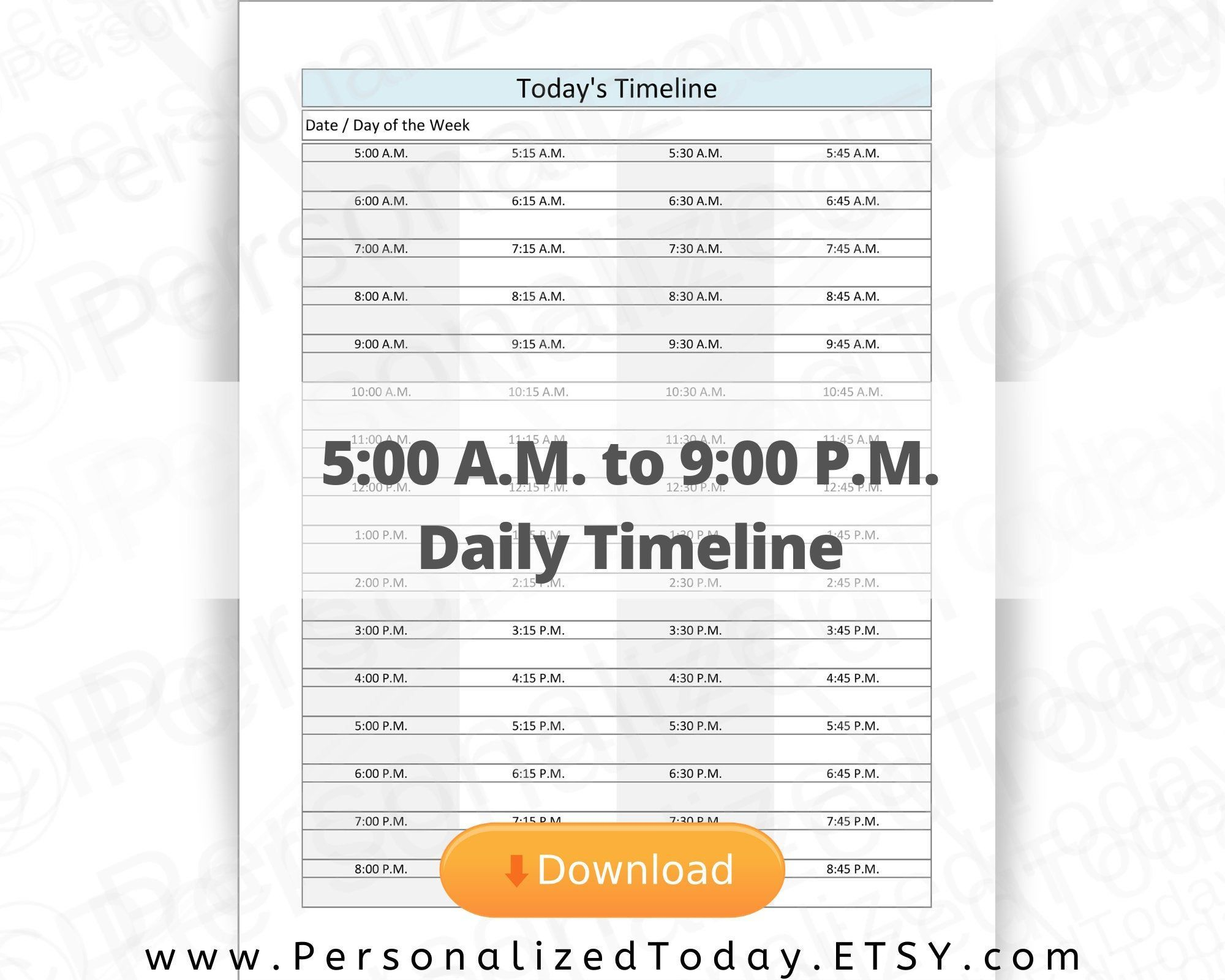 printable 5 a m start daily timeline 15 minute increments