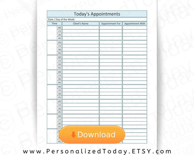 Printable Appointment Planner 8 Hours 15 Minute Increments