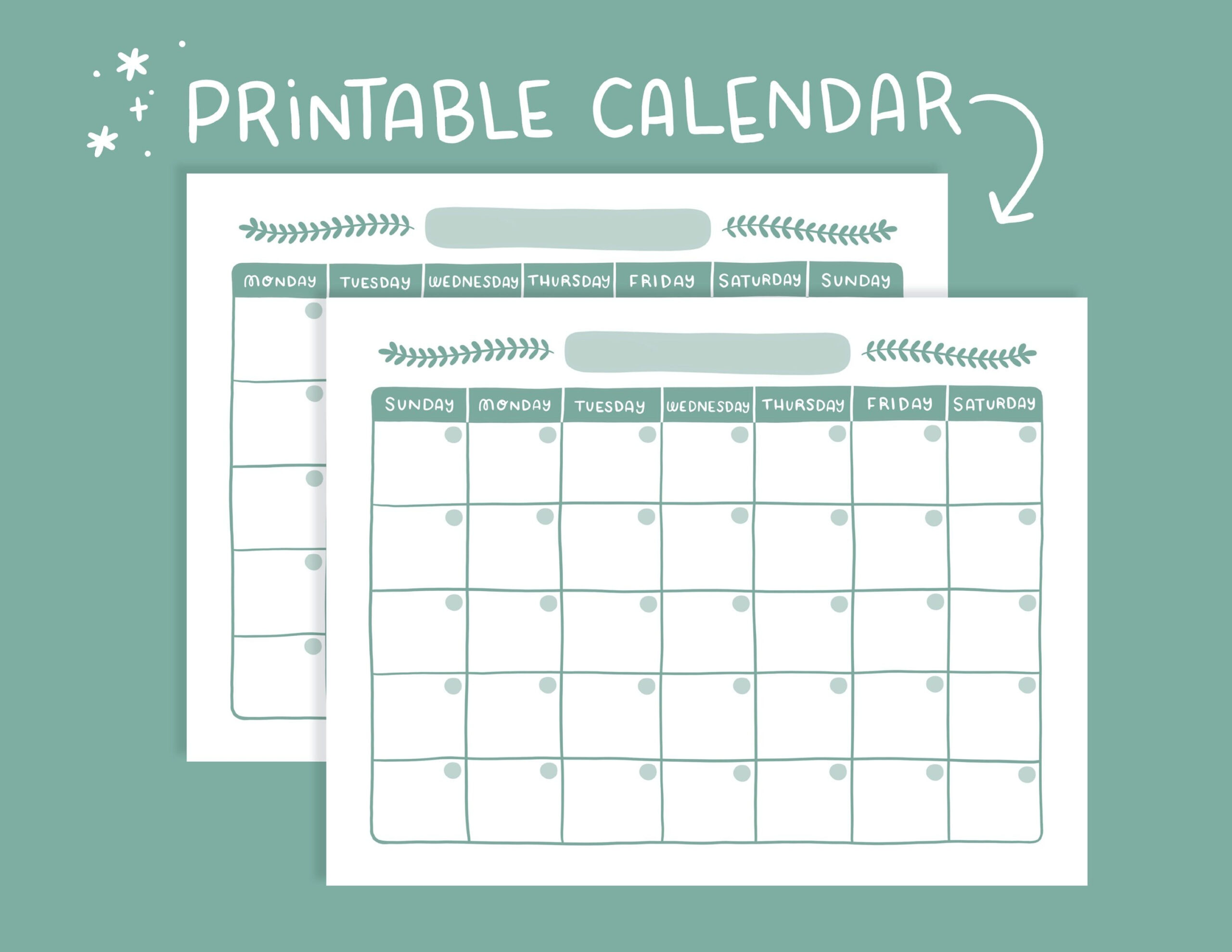 Printable Blank Calendar Monday & Sunday Start | Etsy