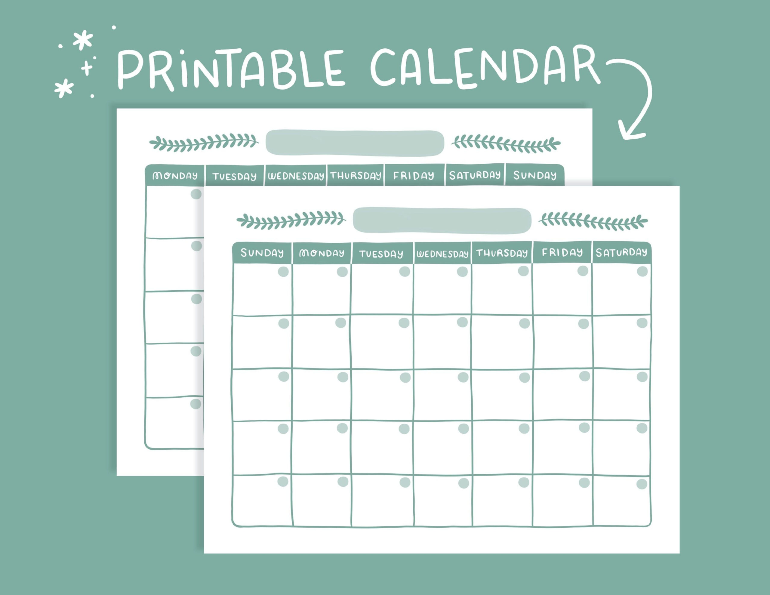 printable blank calendar monday &amp; sunday start | etsy