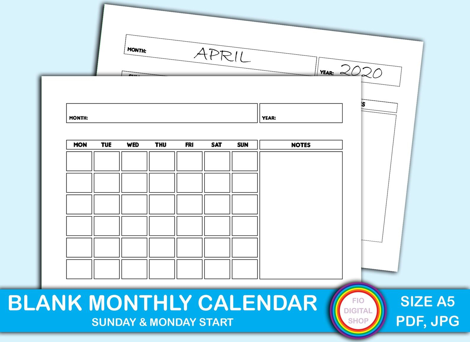 Printable Blank Monthly Calendar Sunday/monday Start Blank