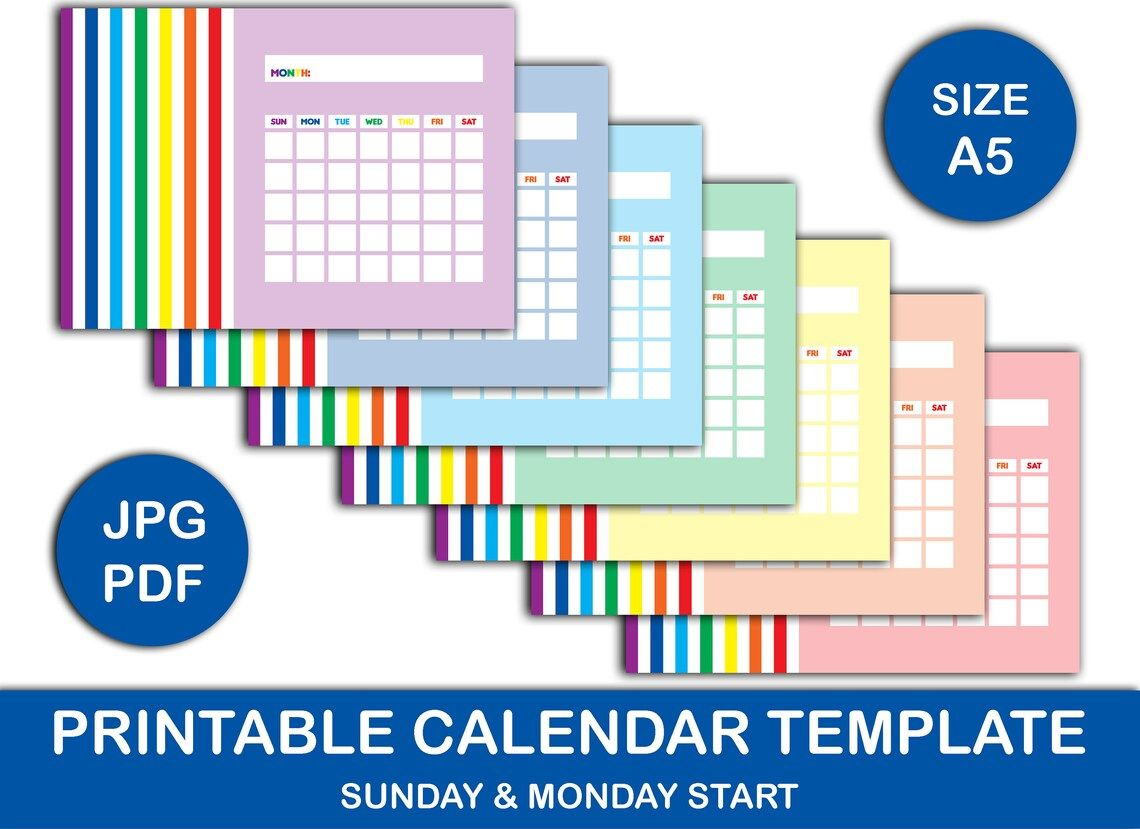 Printable Blank Monthly Rainbow Calendar Sunday/monday | Etsy