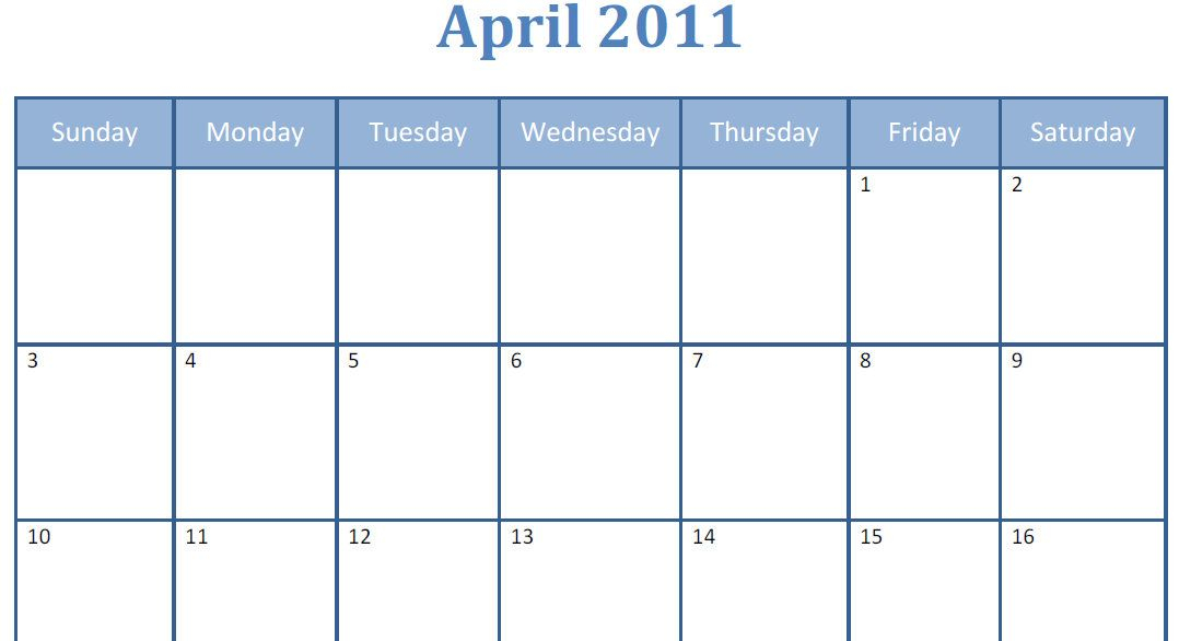 Printable Blank Pdf April 2011 Monthly Calendar