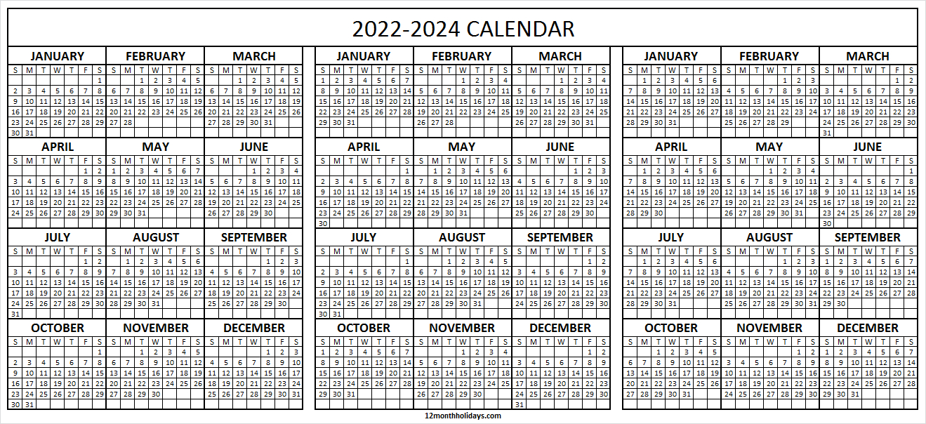 printable calendar 2022 2023 2024 template | three year