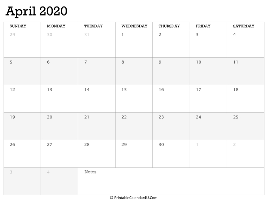 printable calendar april 2020 with holidays