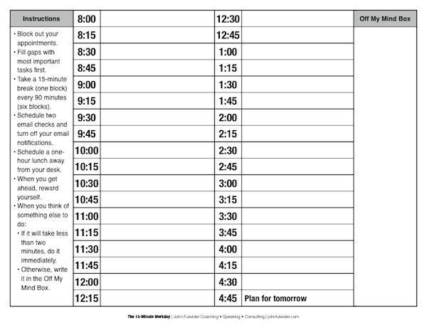 printable daily calendar 15 minute increments | bullet