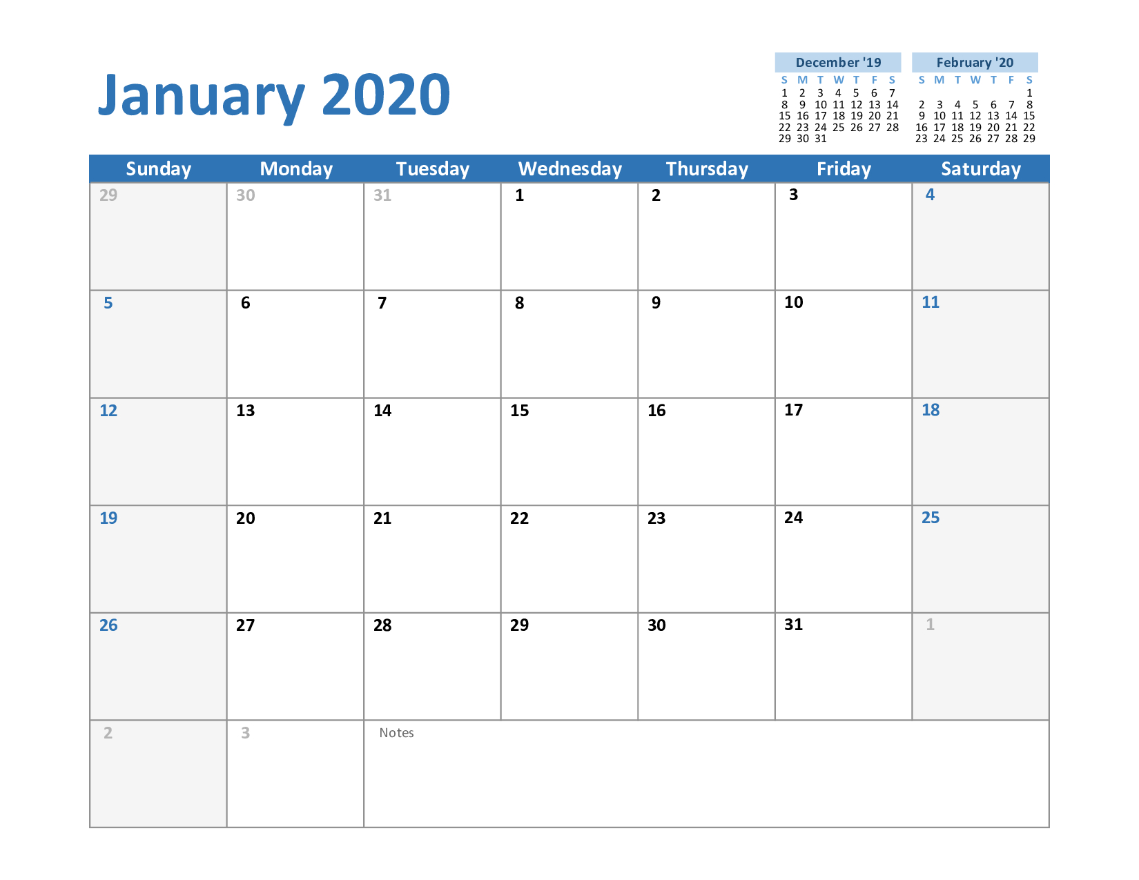 Printable January 2020 Calendar Free Blank Templates
