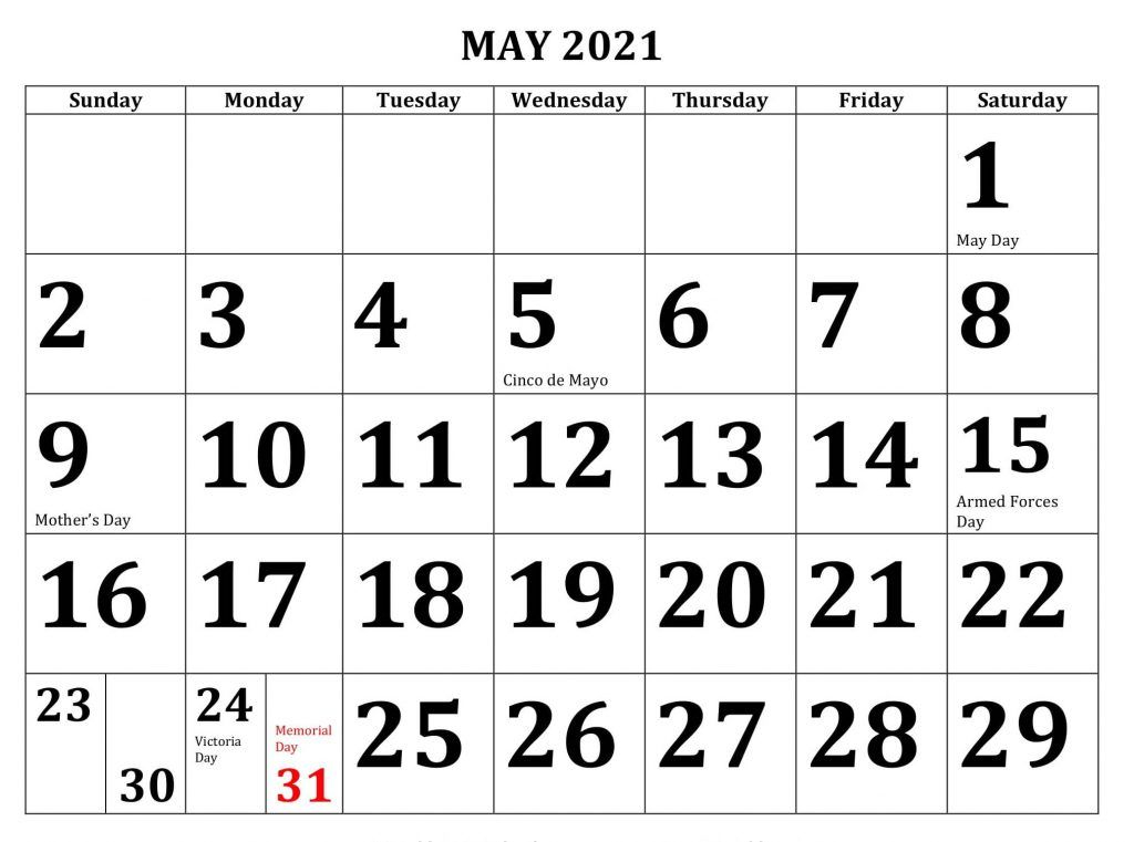 Printable May 2021 Calendar Word Holidays Sheets 2021