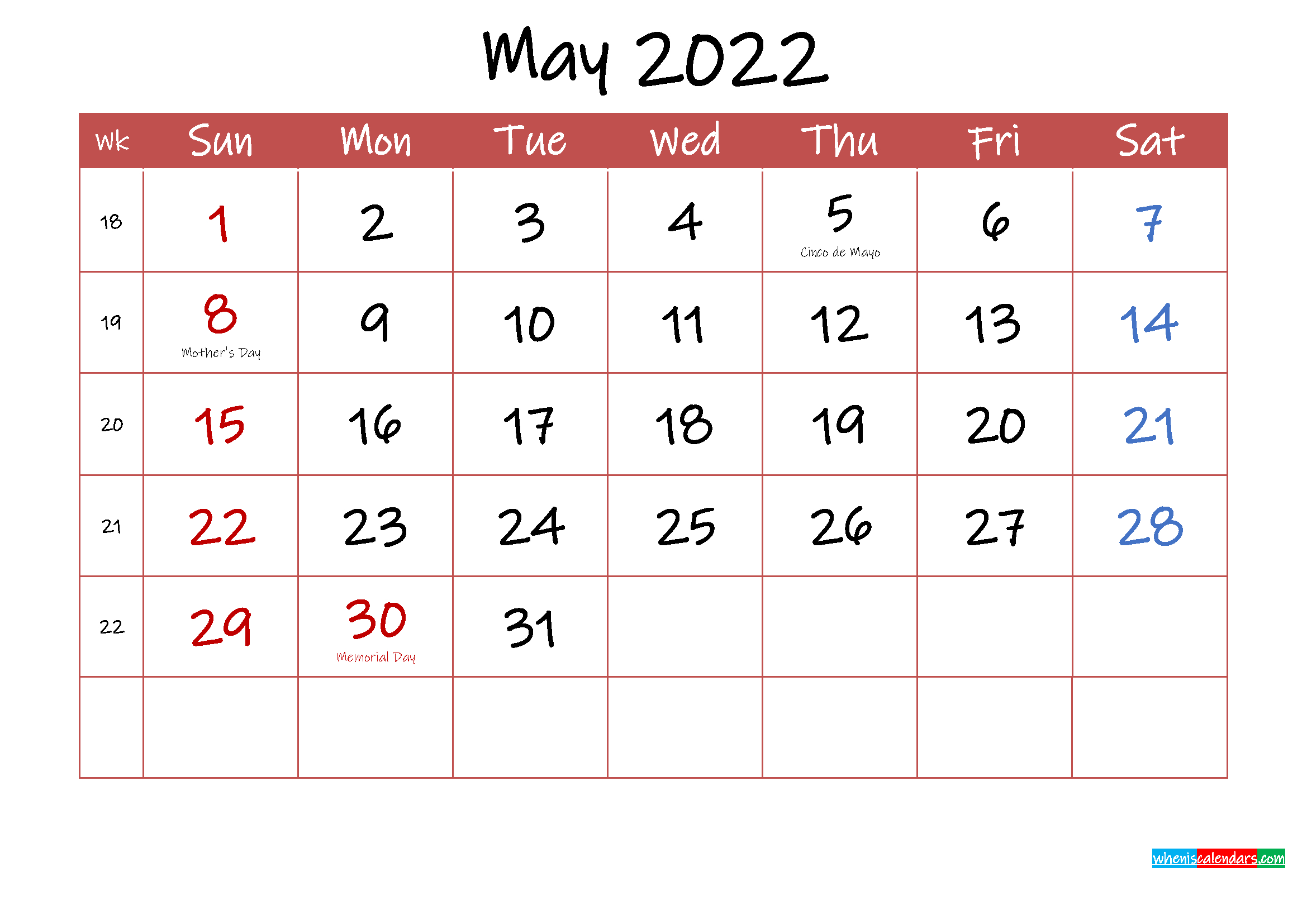 Printable May 2022 Calendar With Holidays Template Ink22m29