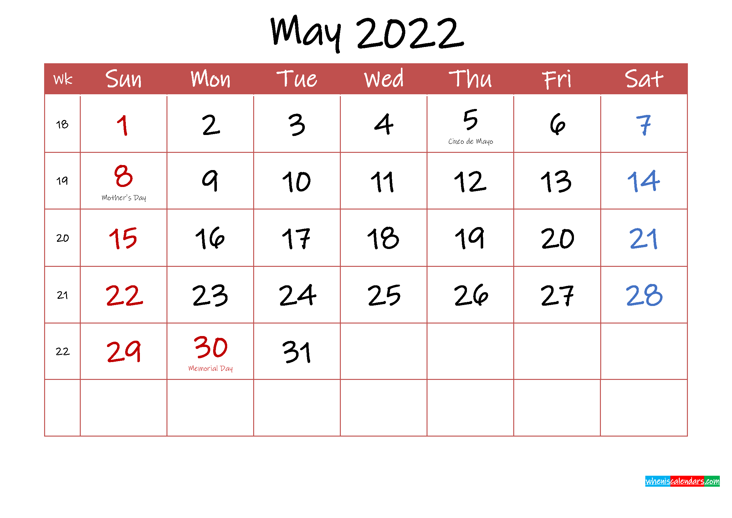 printable may 2022 calendar with holidays template ink22m29