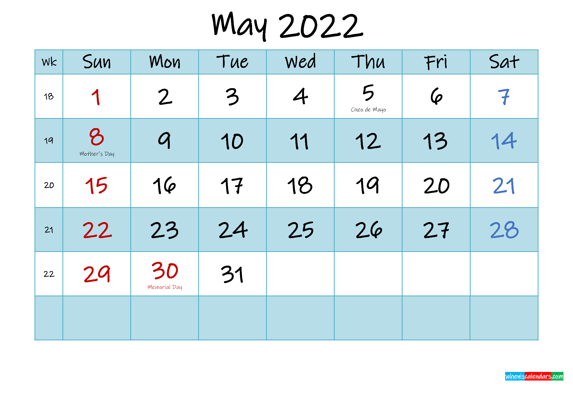 Printable May 2022 Calendar Word Template No Ink22m473