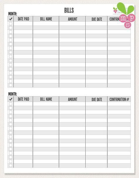 printable monthly bill chart | bill organization