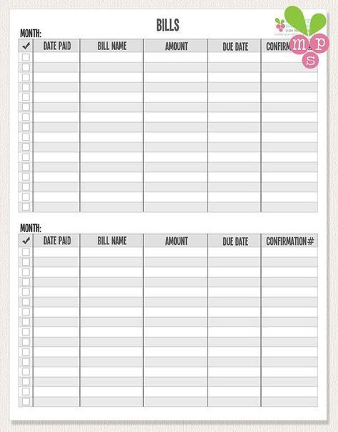 Printable Monthly Bill Chart | Bill Organization