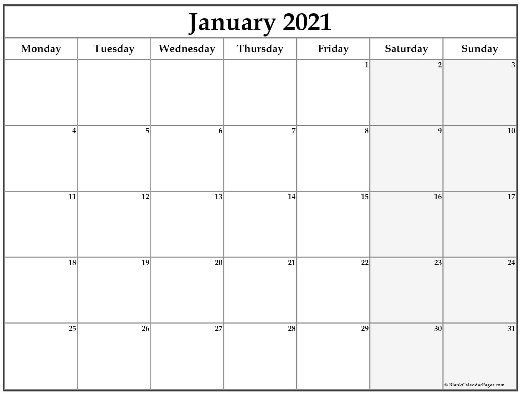 Printable Monthly Calendar 2021 Starting Monday | Free