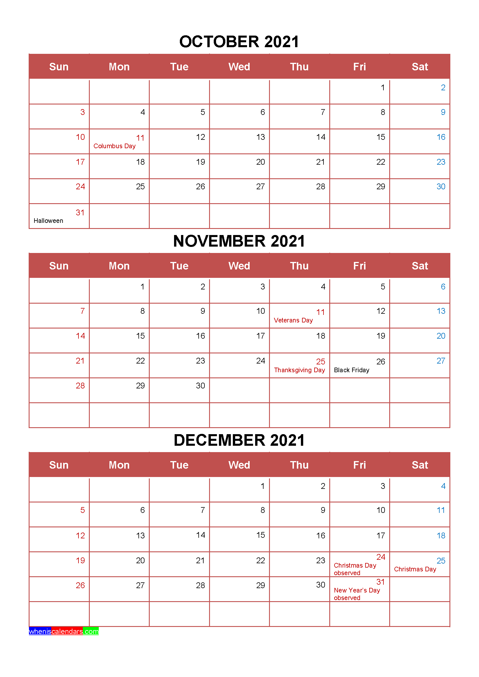 Printable October November December 2021 Calendar Template