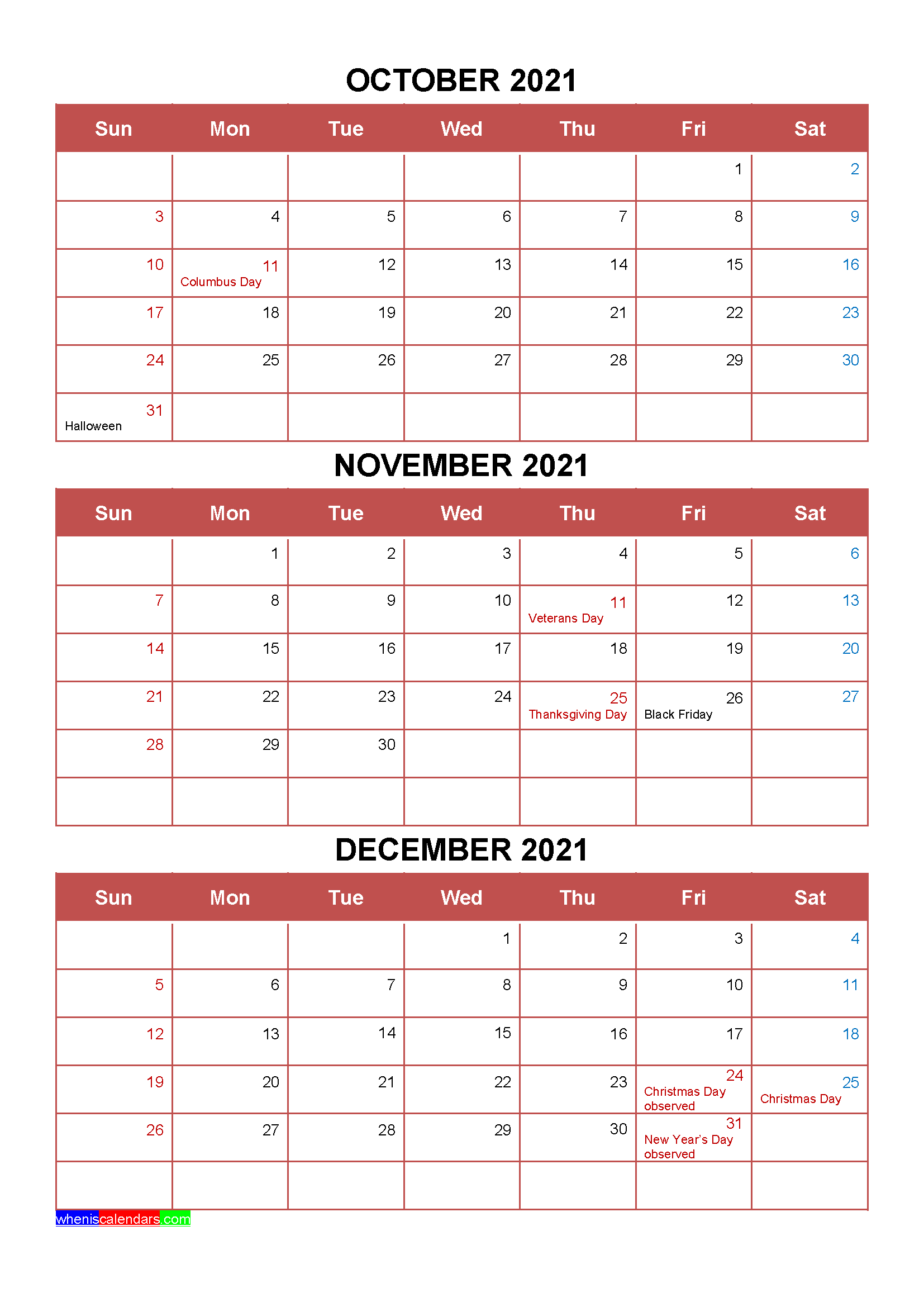 printable october november december 2021 calendar template