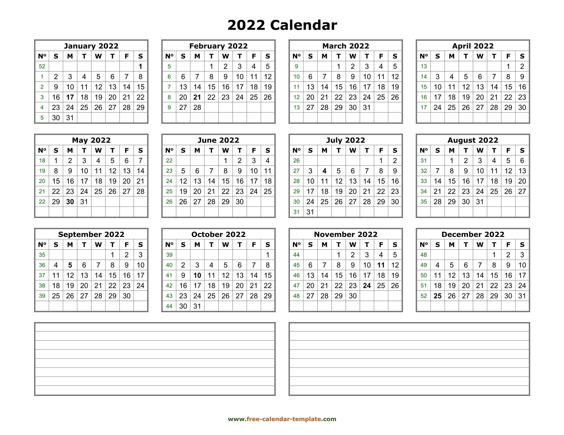 Printable Yearly Calendar 2022 | Free Calendar Template