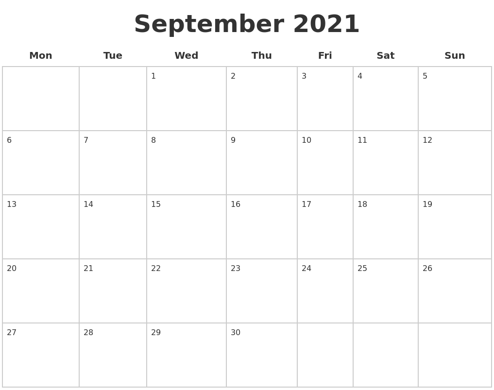 September 2021 Blank Calendar Pages
