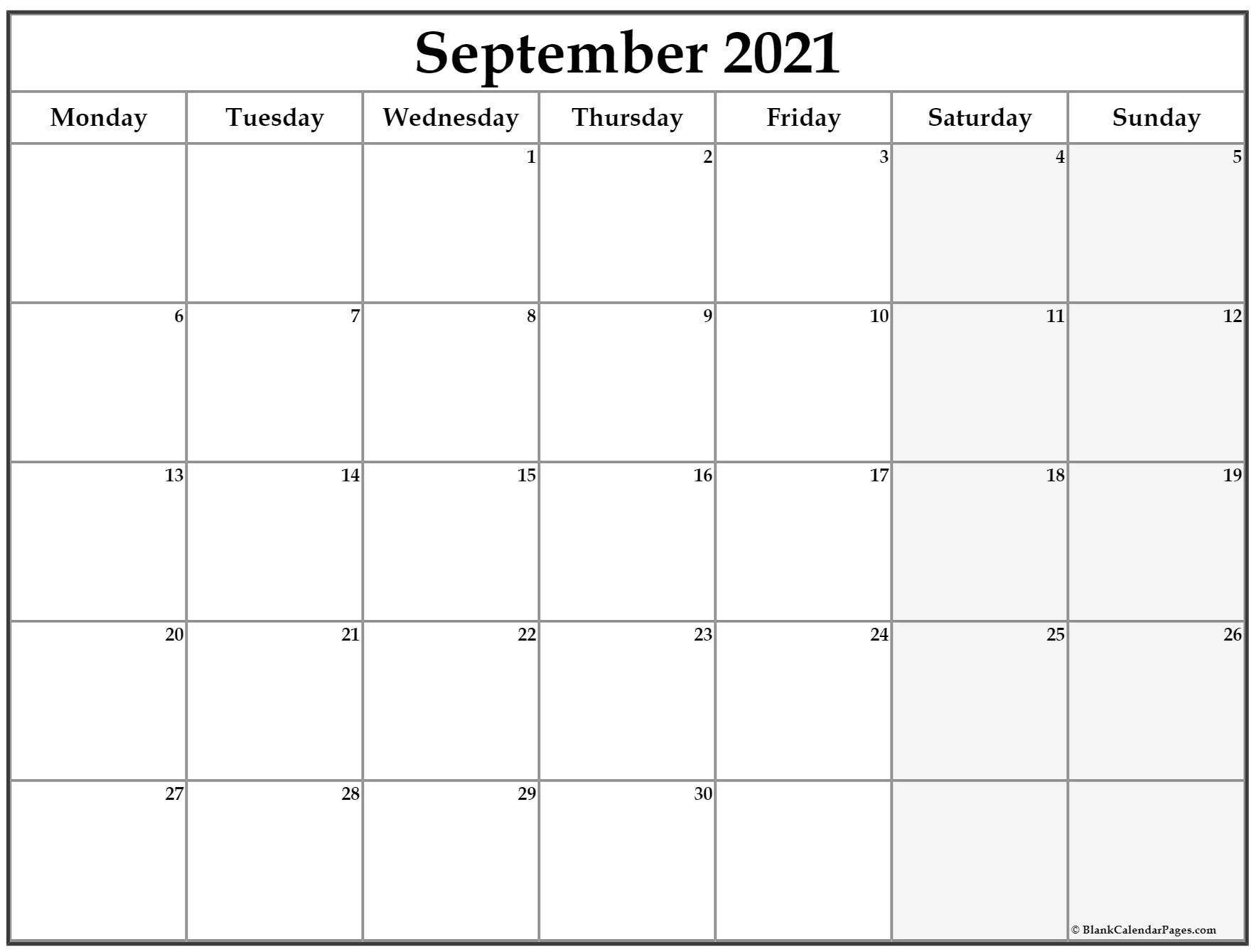 September 2021 Monday Calendar | Monday To Sunday
