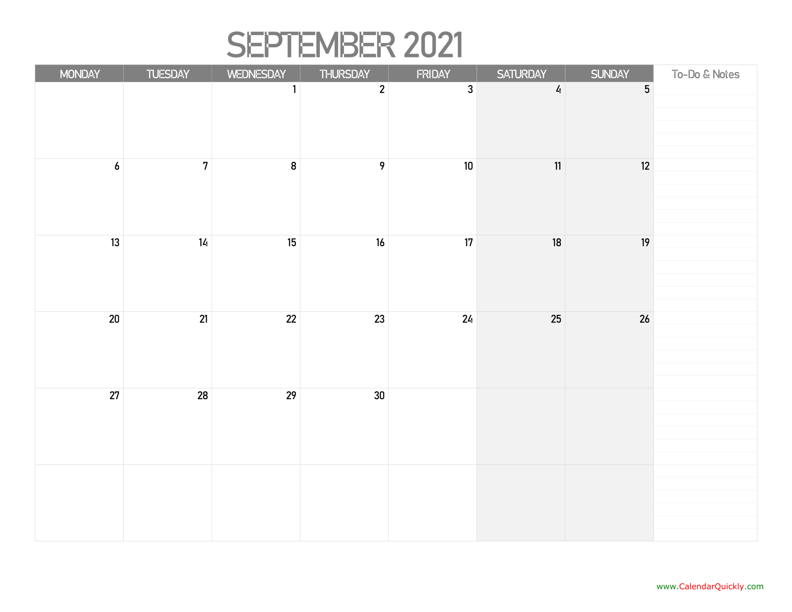 september monday calendar 2021 with notes | calendar quickly