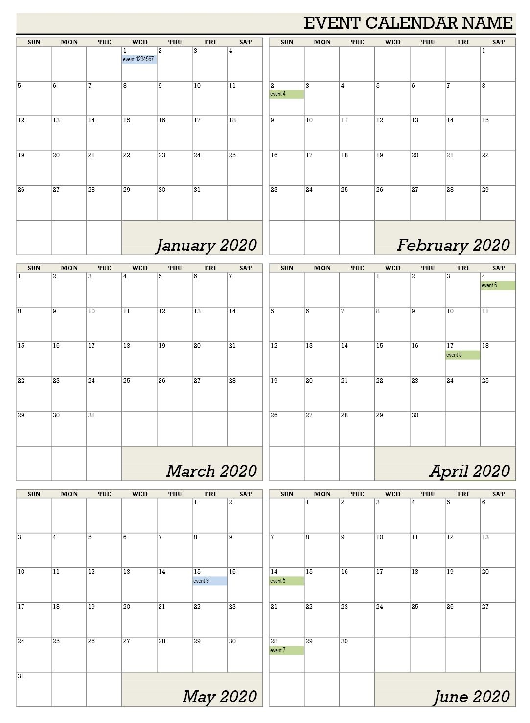 six monthly calendar