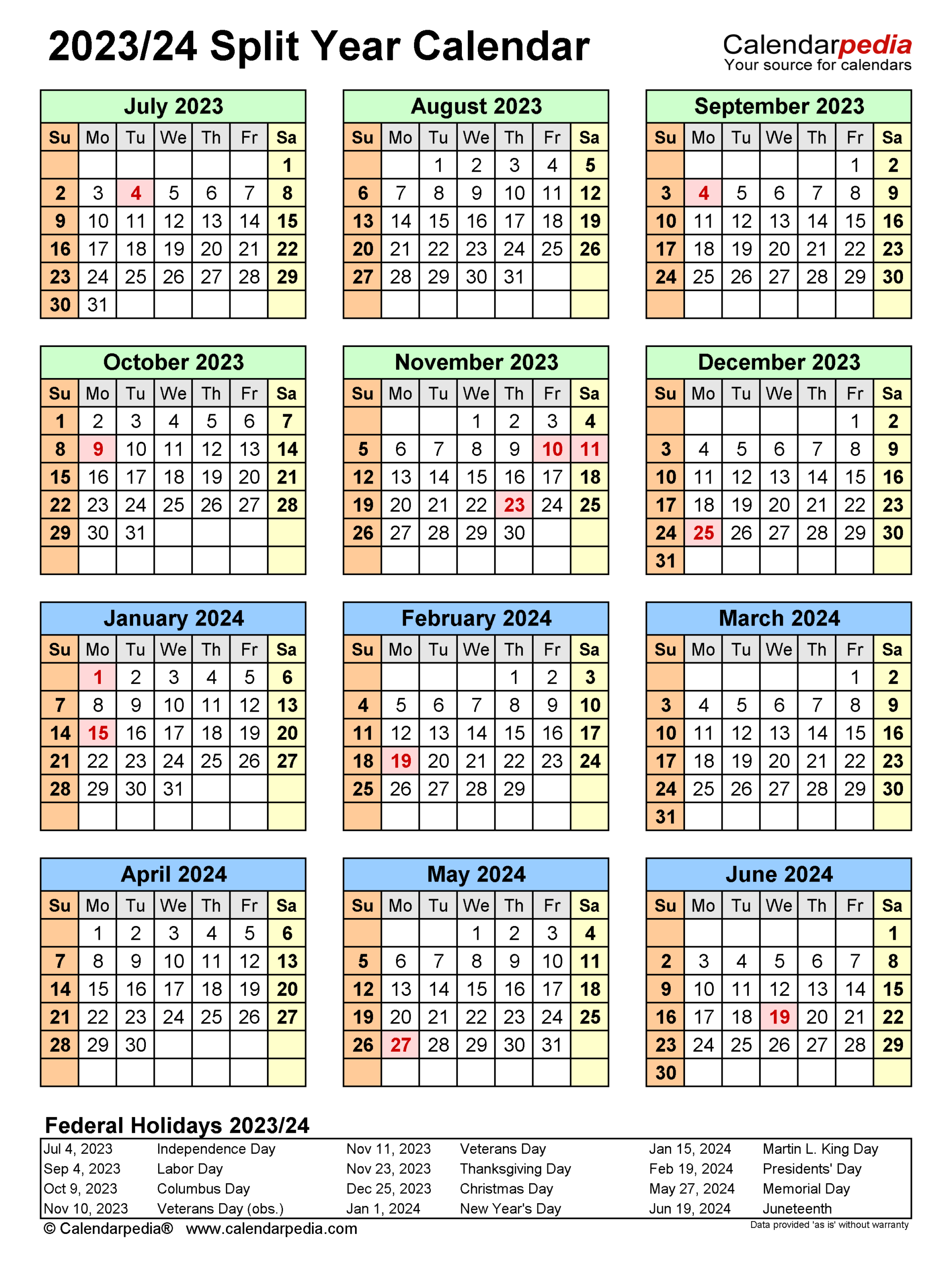 Split Year Calendars 2023/2024 (july To June) Excel