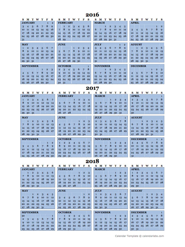 three year calendar template 2016 to 2018 free printable