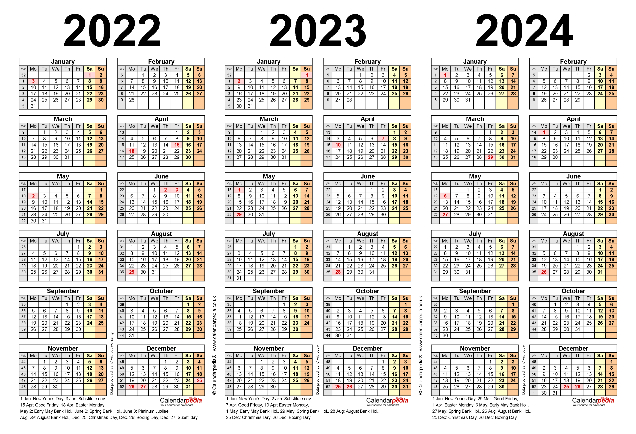 Three Year Calendars For 2022, 2023 & 2024 (uk) For Excel