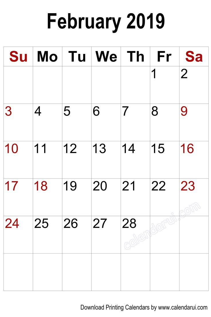 Vertical Blank February 2019 Calendar Printable | Calendar