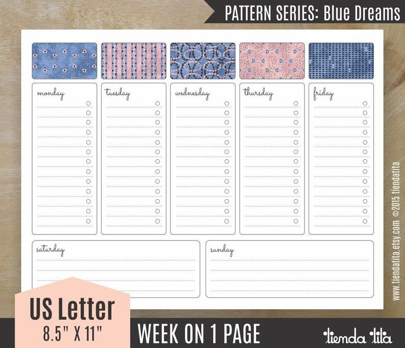 week at a glance desk planner printable blue dreams pdf | etsy