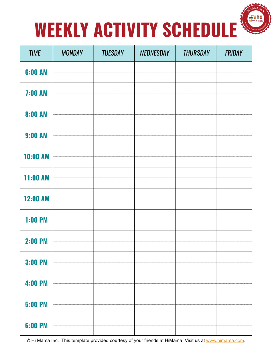 Weekly Activity Schedule Template Monday To Friday Hi