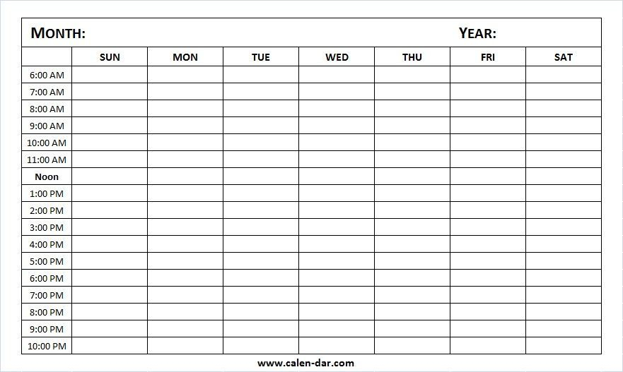 weekly calendar blank printable with hours (time slots