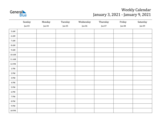 weekly calendar january 3, 2021 to january 9, 2021