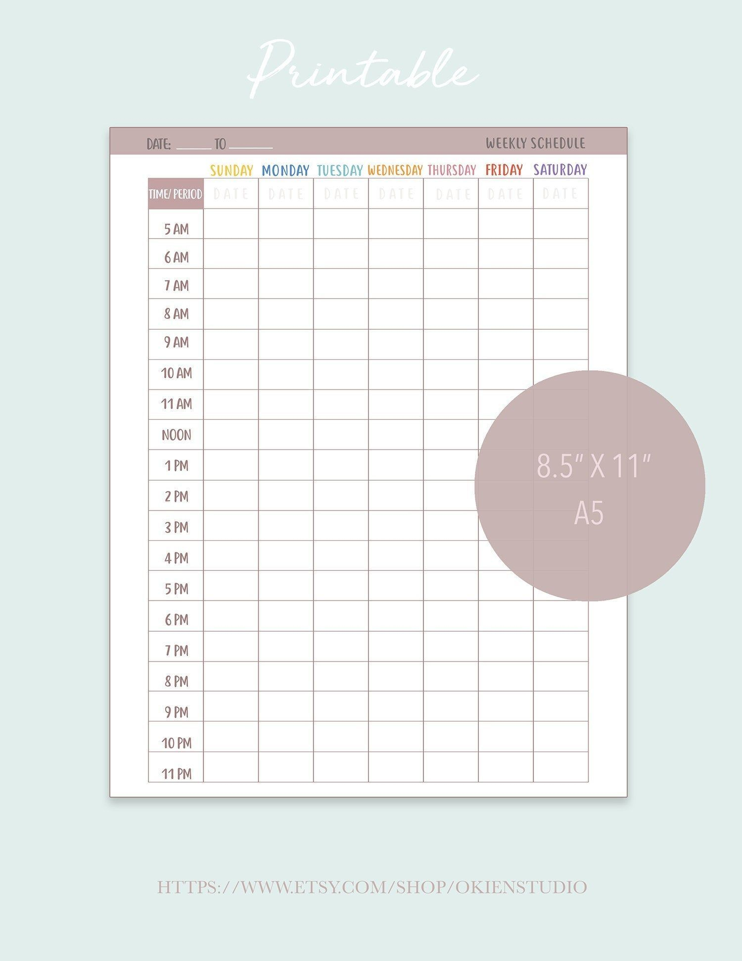 weekly calendar printable time slot 5am through 11pm