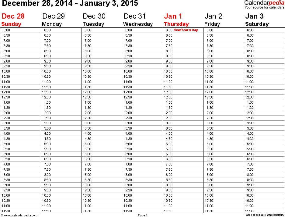 weekly calendars 2015 for excel 12 free printable templates