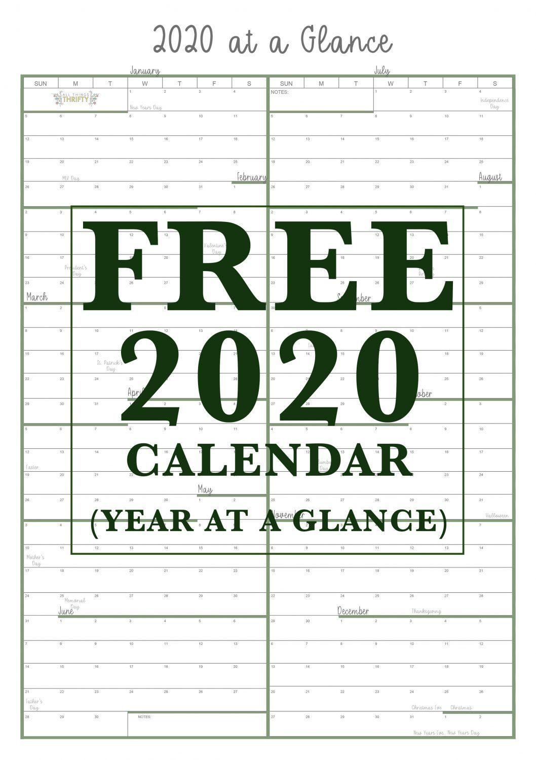 Year At A Glance Free Printable Calendar | All Things