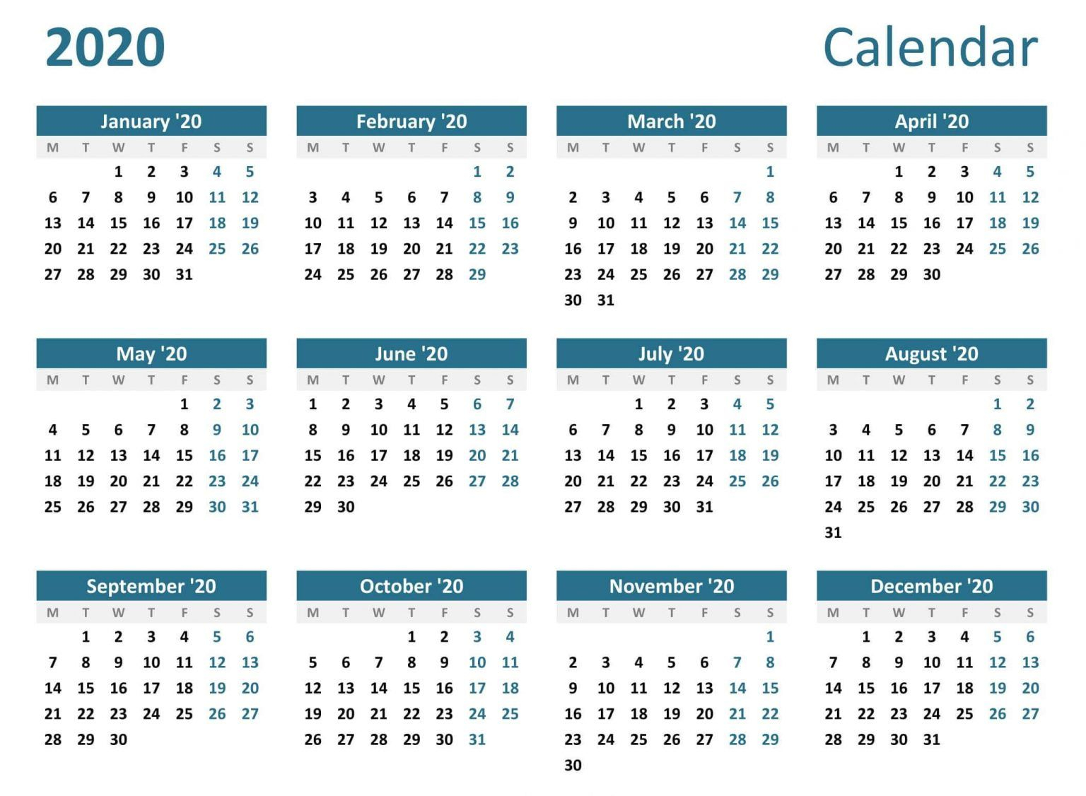 yearly 2020 calendar free 12 month 2020 calendar printable