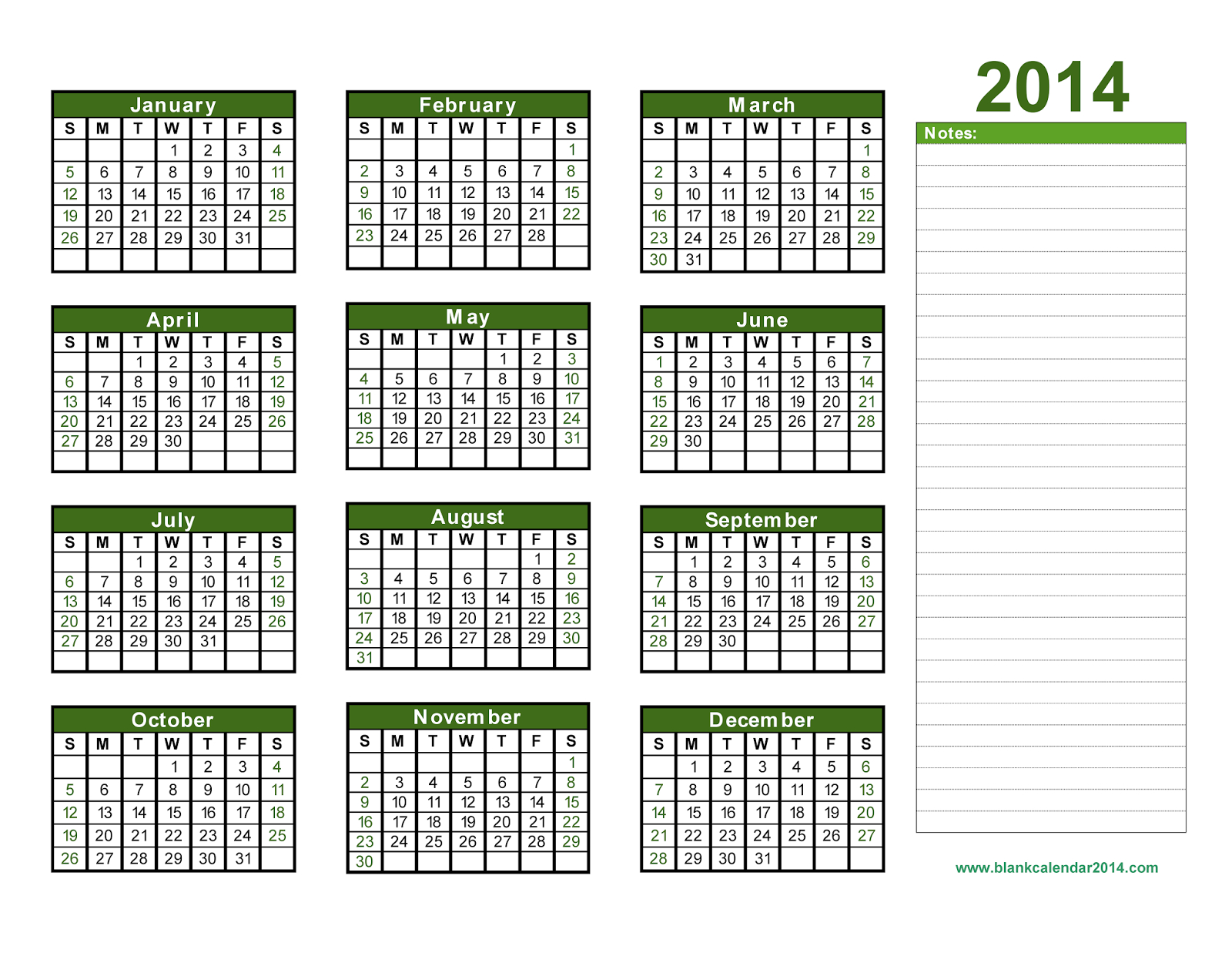 yearly calendar 2014 , printable calendar 2014, blank