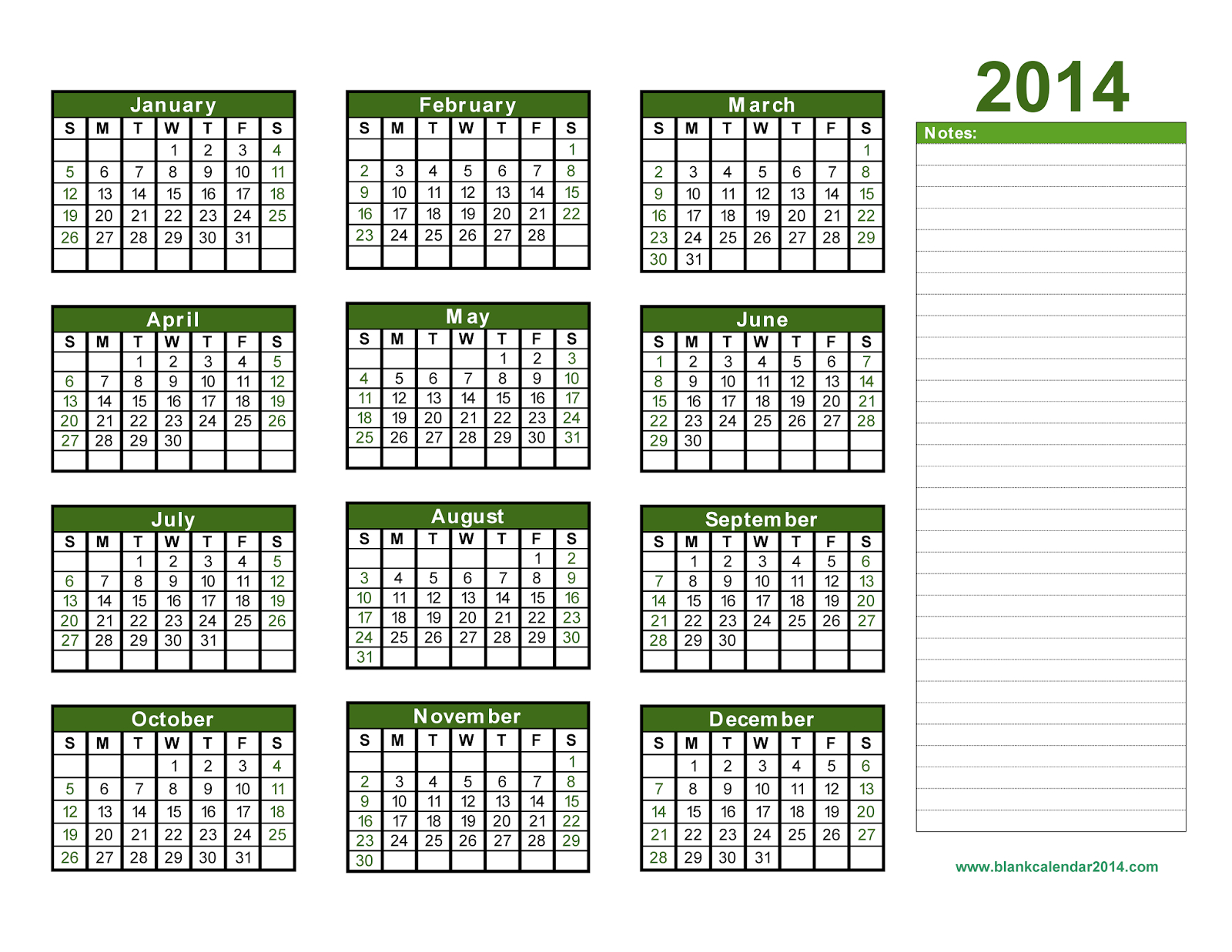 Yearly Calendar 2014 , Printable Calendar 2014, Blank