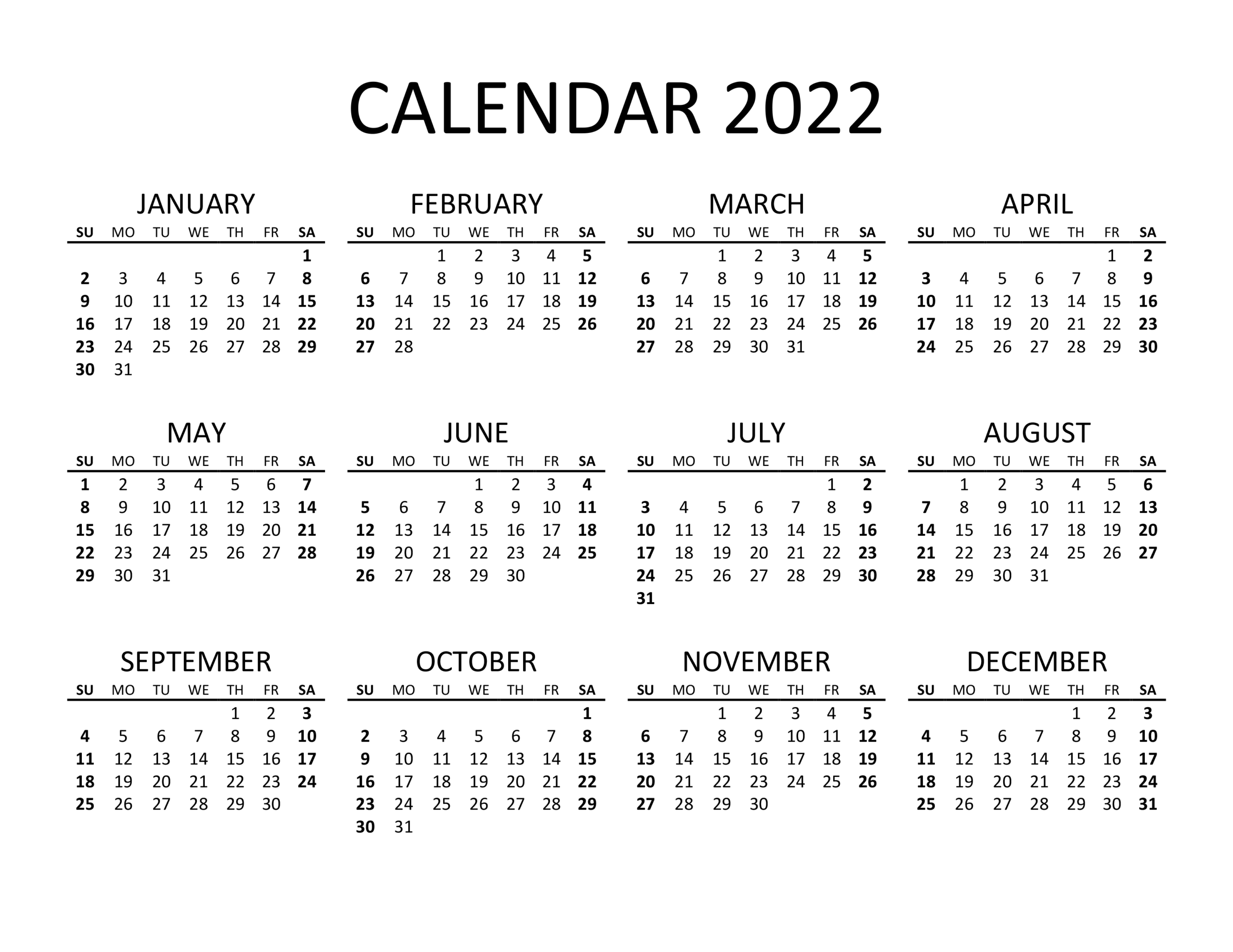 Yearly Calendar 2022 Free Calendar Su