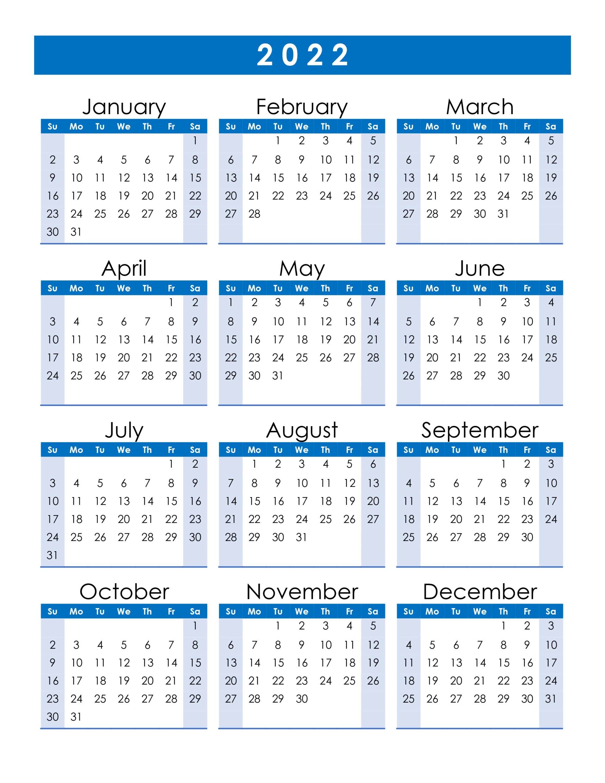 Yearly Calendar 2022 Free Calendar Su