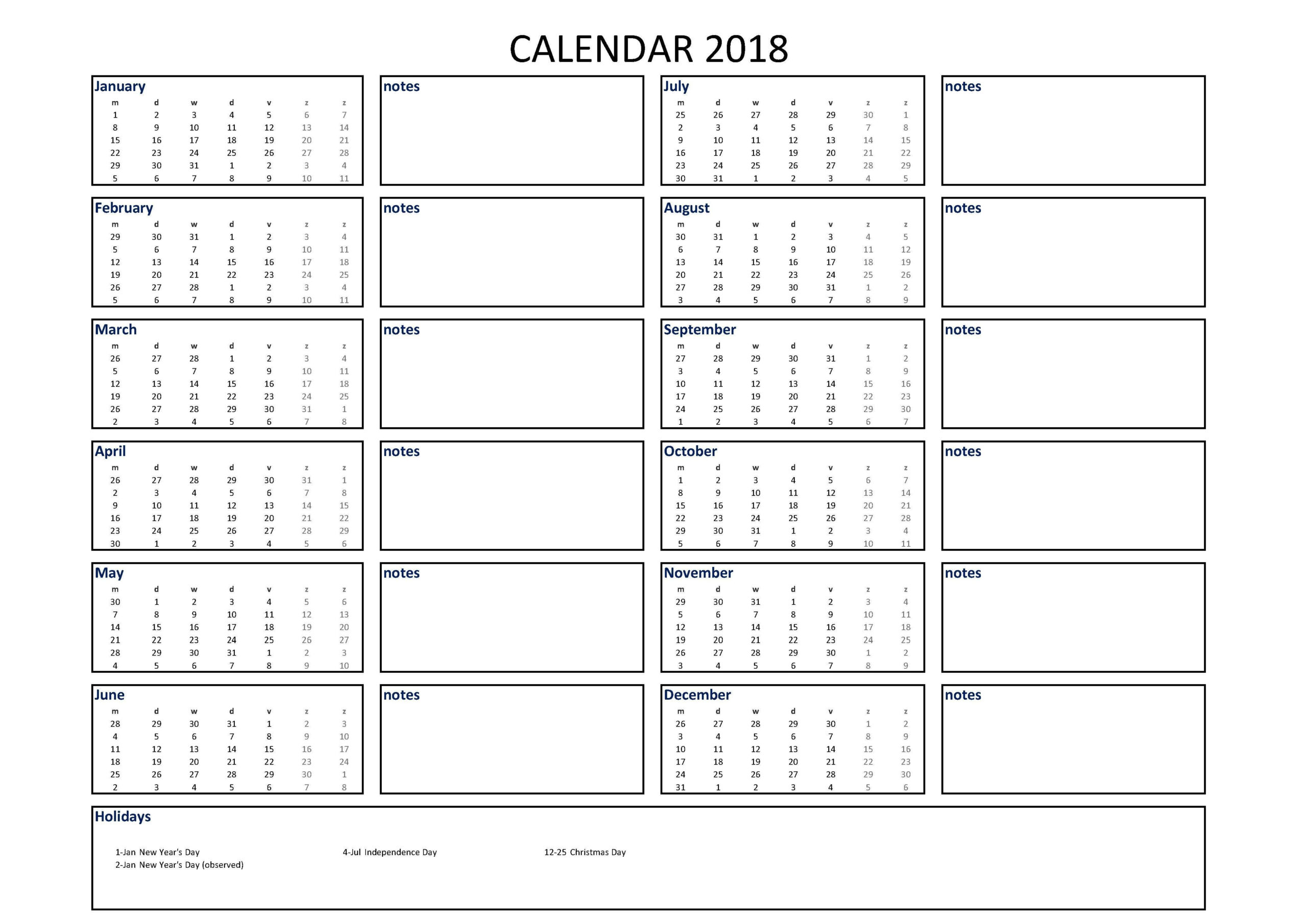 2018 Calendar Excel A4 Size With Notes | Templates At