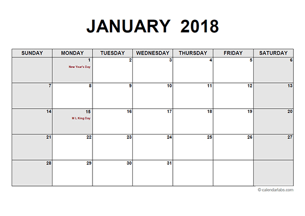 2018 Monthly Calendar Pdf Free Printable Templates