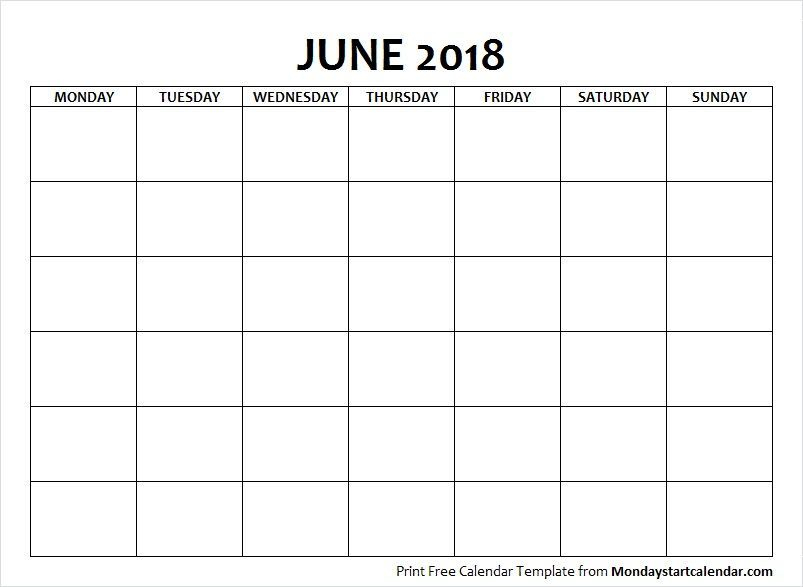Blank Calendar June 2018 Monday To Sunday | Calendar Template, Blank