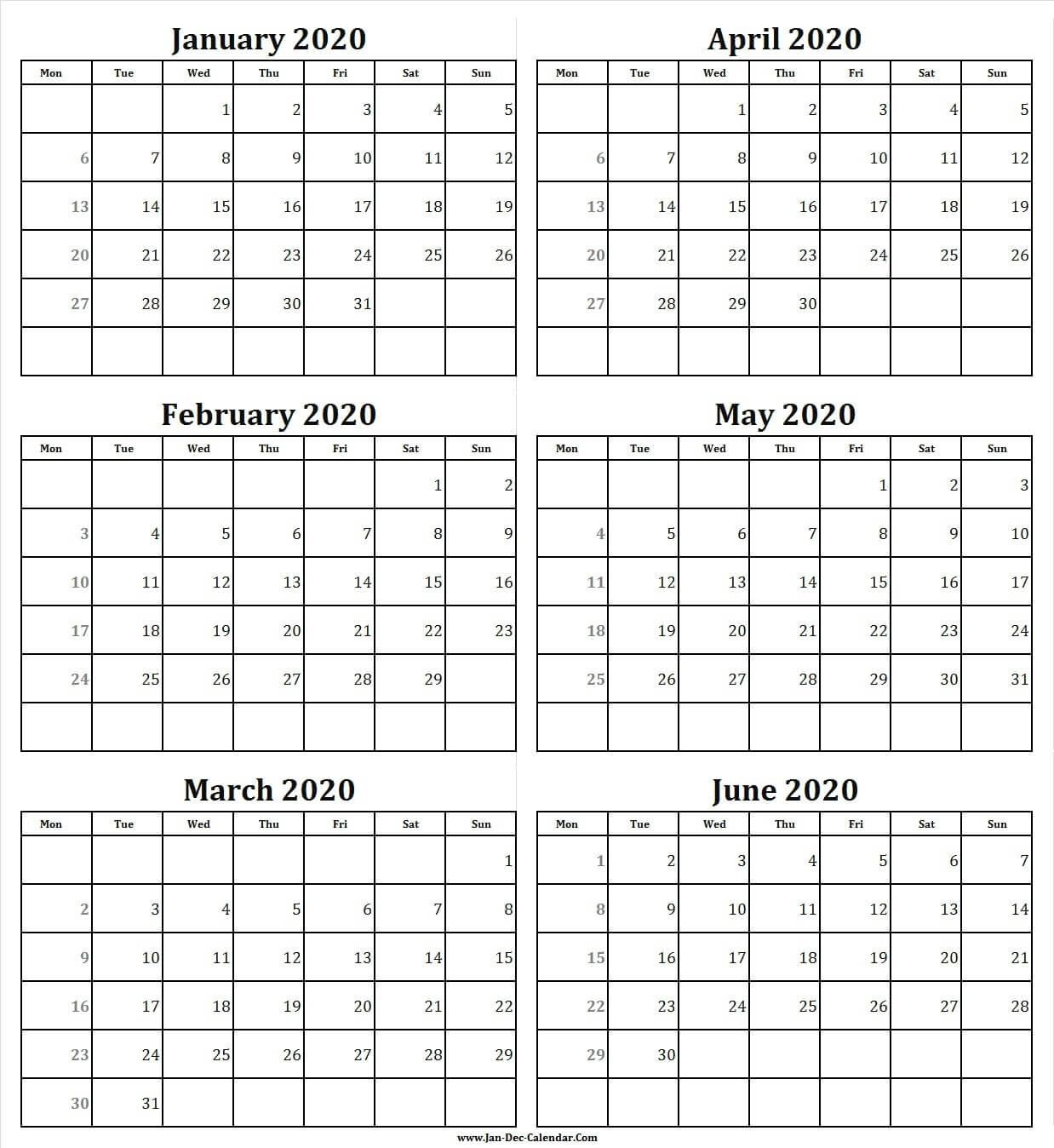 Dashing 6 Month Blank Calendar 2020 | Calendar Printables, Calendar