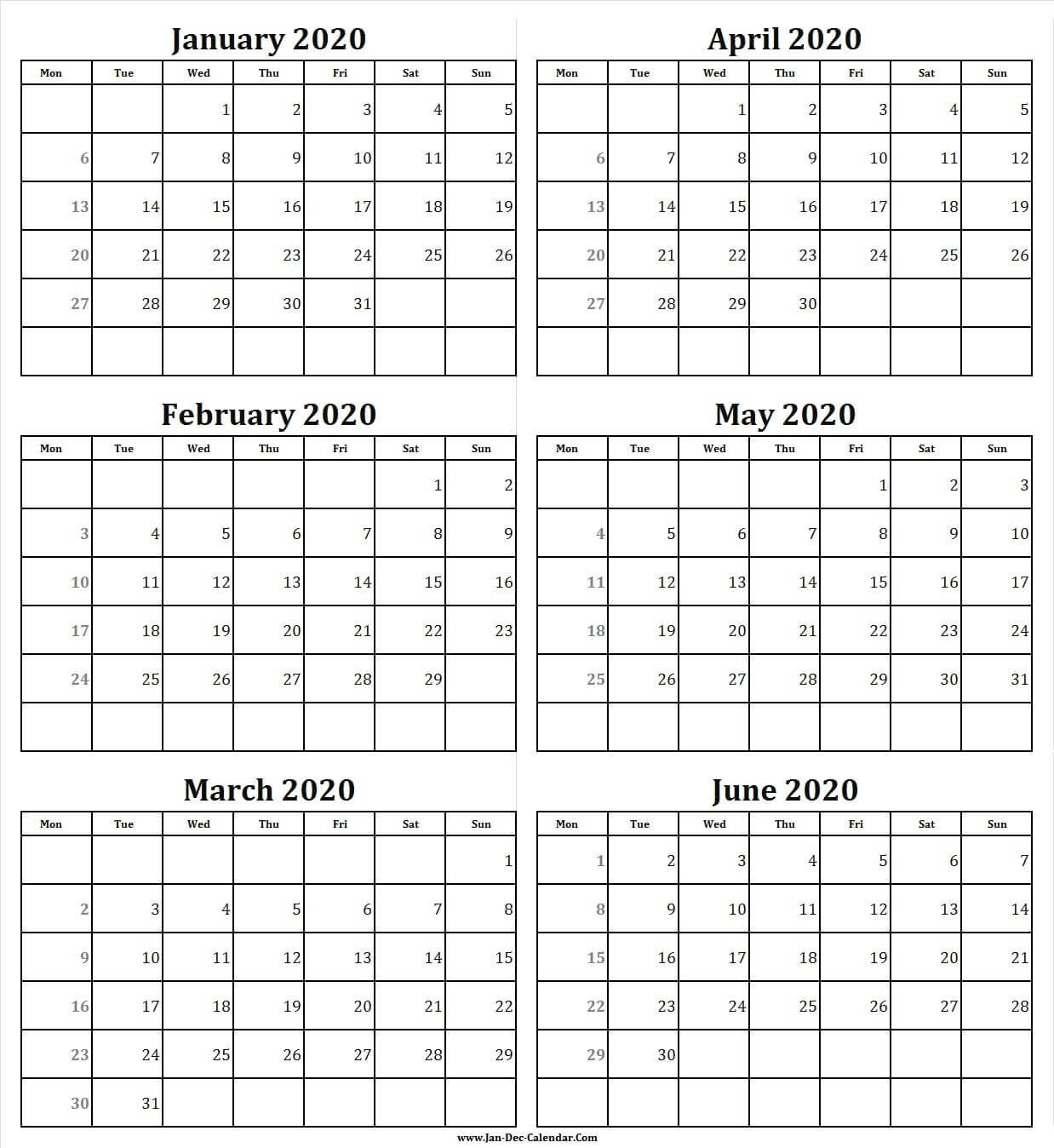 dashing 6 month blank calendar 2020 | calendar printables, calendar